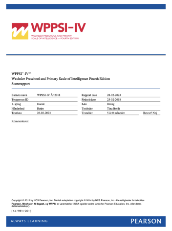 WPPSI-IV Eksempelrapport Q-global